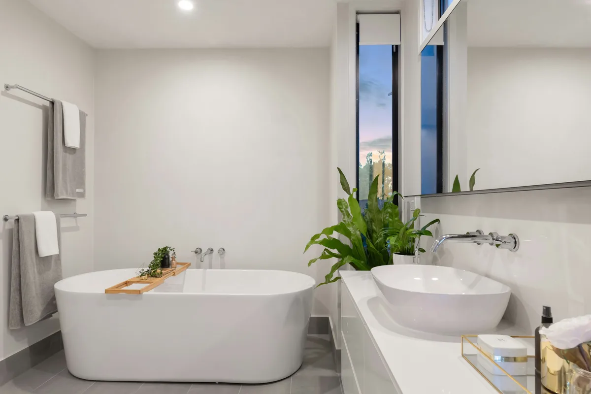 Freestanding bathtub in a bright bathroom